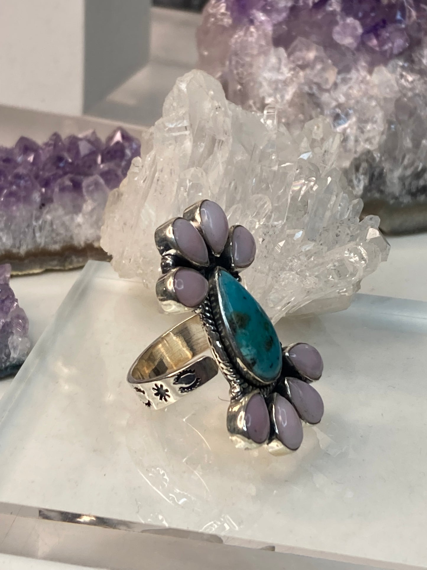 Sterling silver turquoise pink opal ring