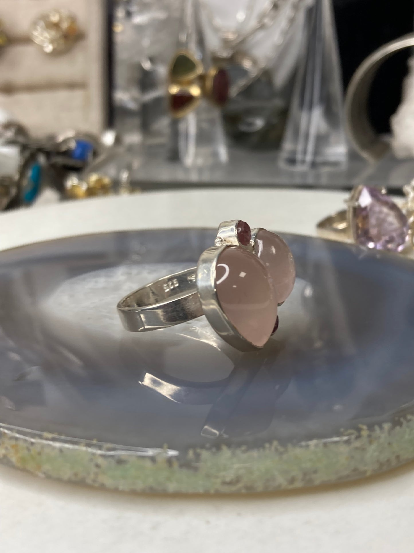 Sterling silver pink quartz ring