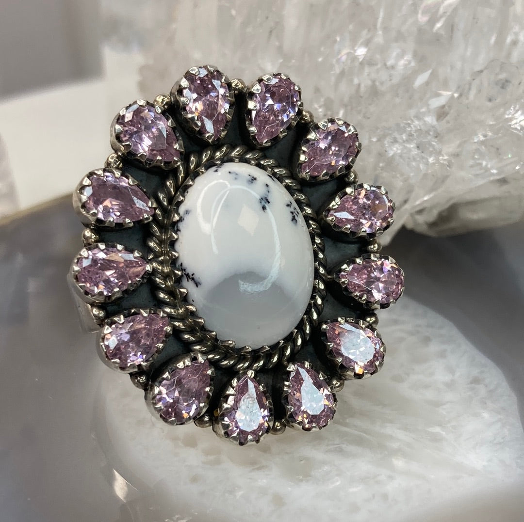 Sterling silver pink topaz dendritic opal cluster ring