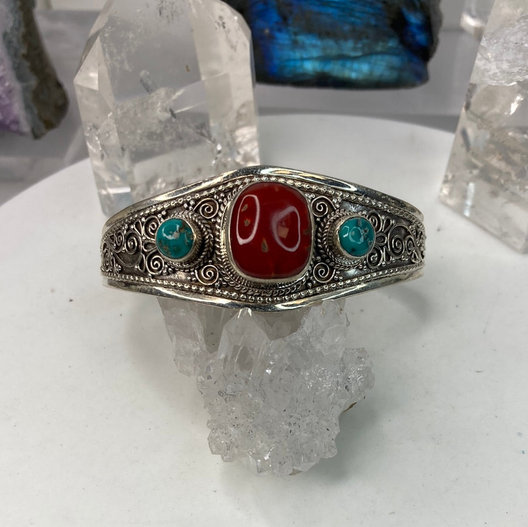 Sterling silver coral turquoise cuff bracelet