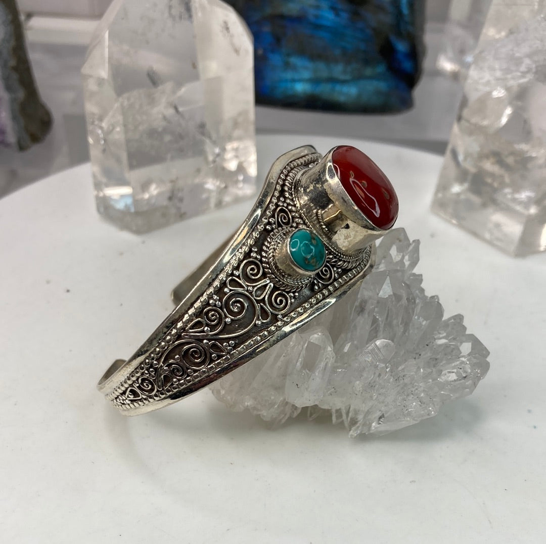 Sterling silver coral turquoise cuff bracelet
