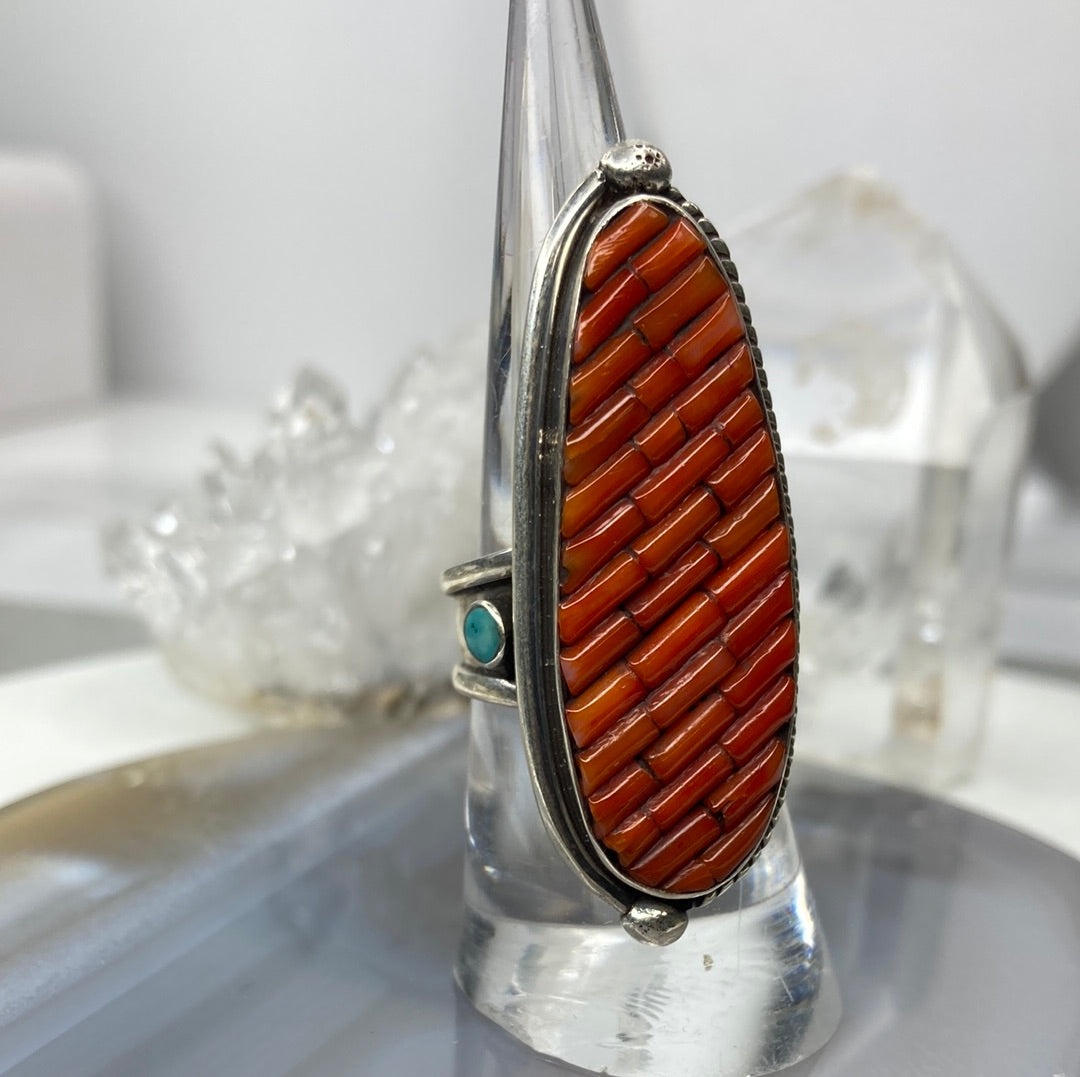 Sterling silver coral and turquoise large ring