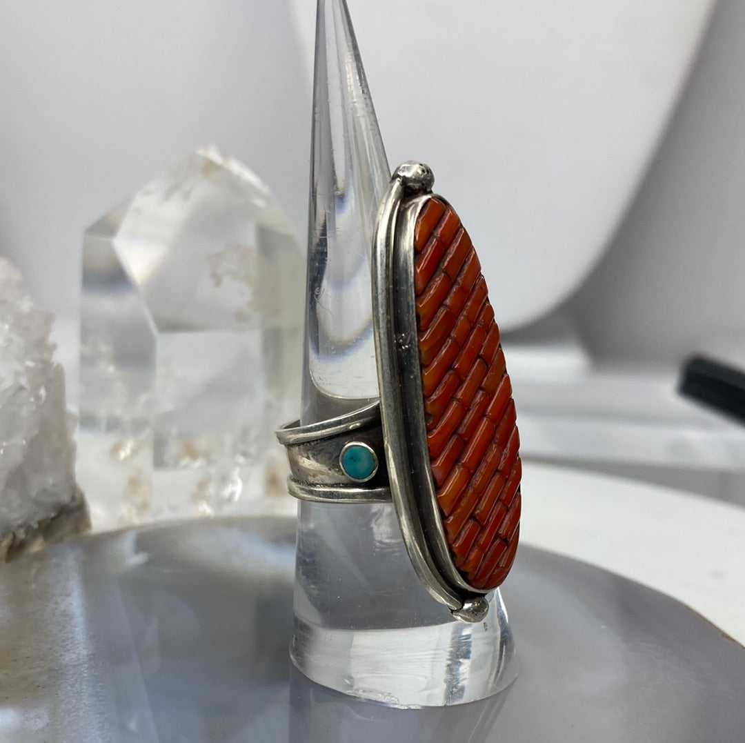 Sterling silver coral and turquoise large ring