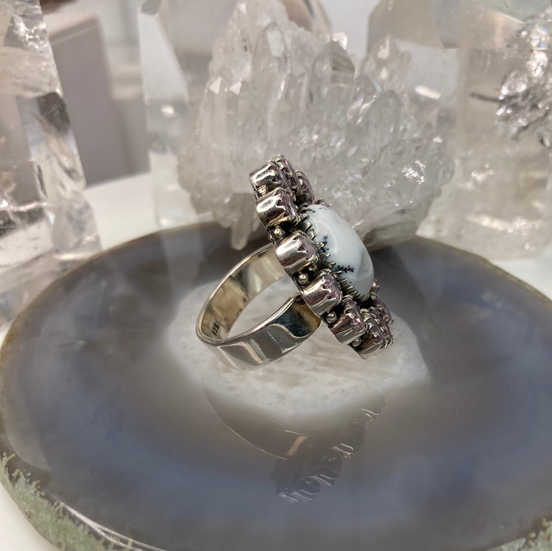Sterling silver pink topaz dendritic opal cluster ring