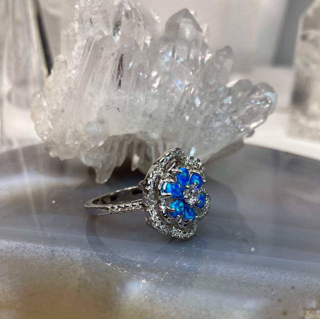 Sterling silver flower cluster opal ring