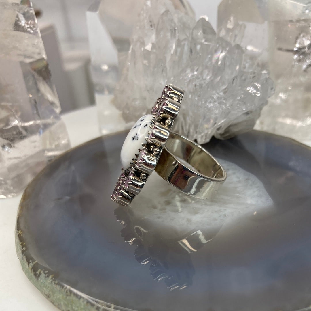 Sterling silver pink topaz dendritic opal cluster ring