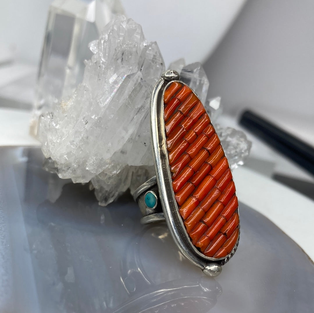Sterling silver coral and turquoise large ring
