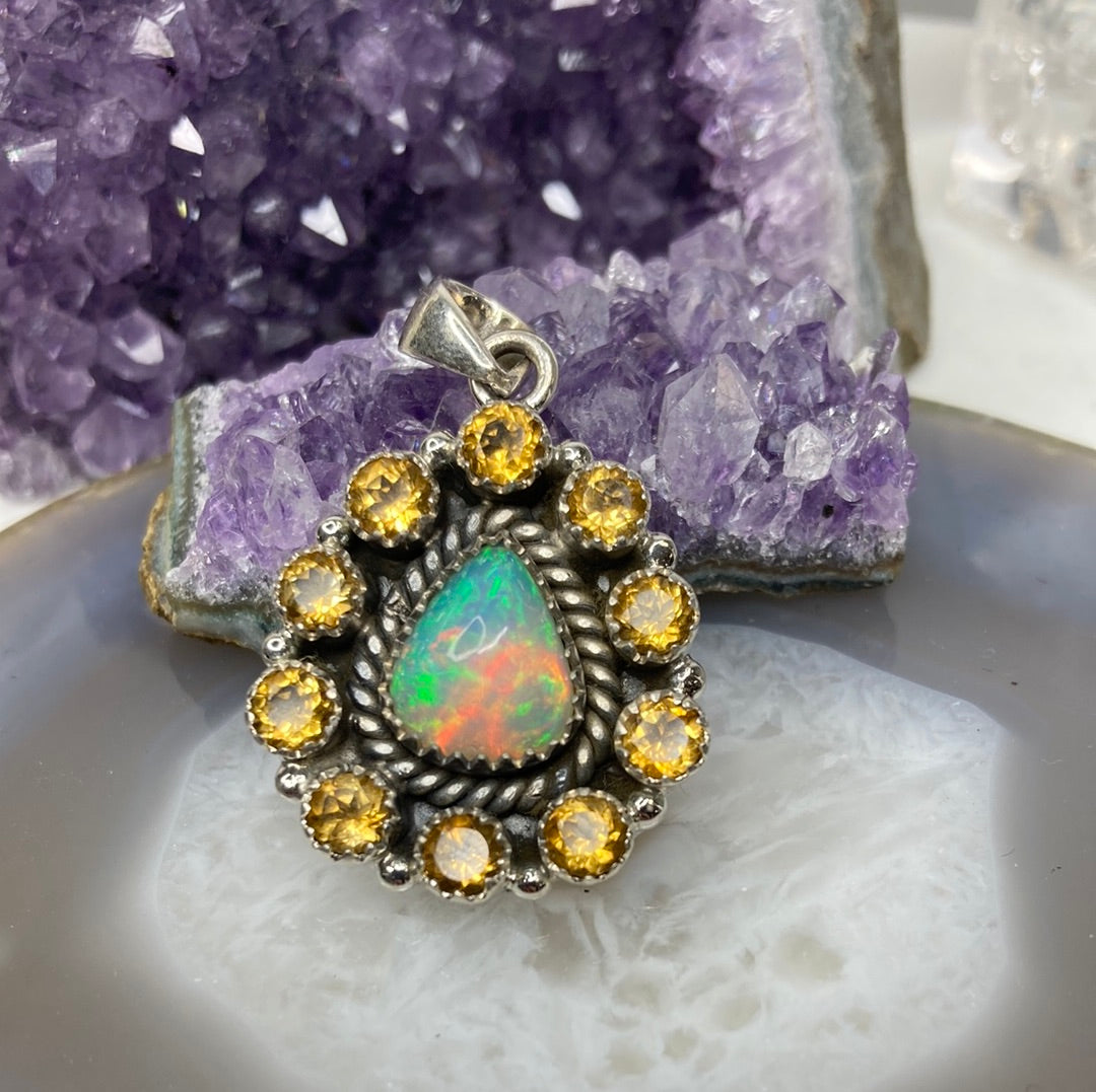 Sterling silver citrine gemstone opal cluster pendant