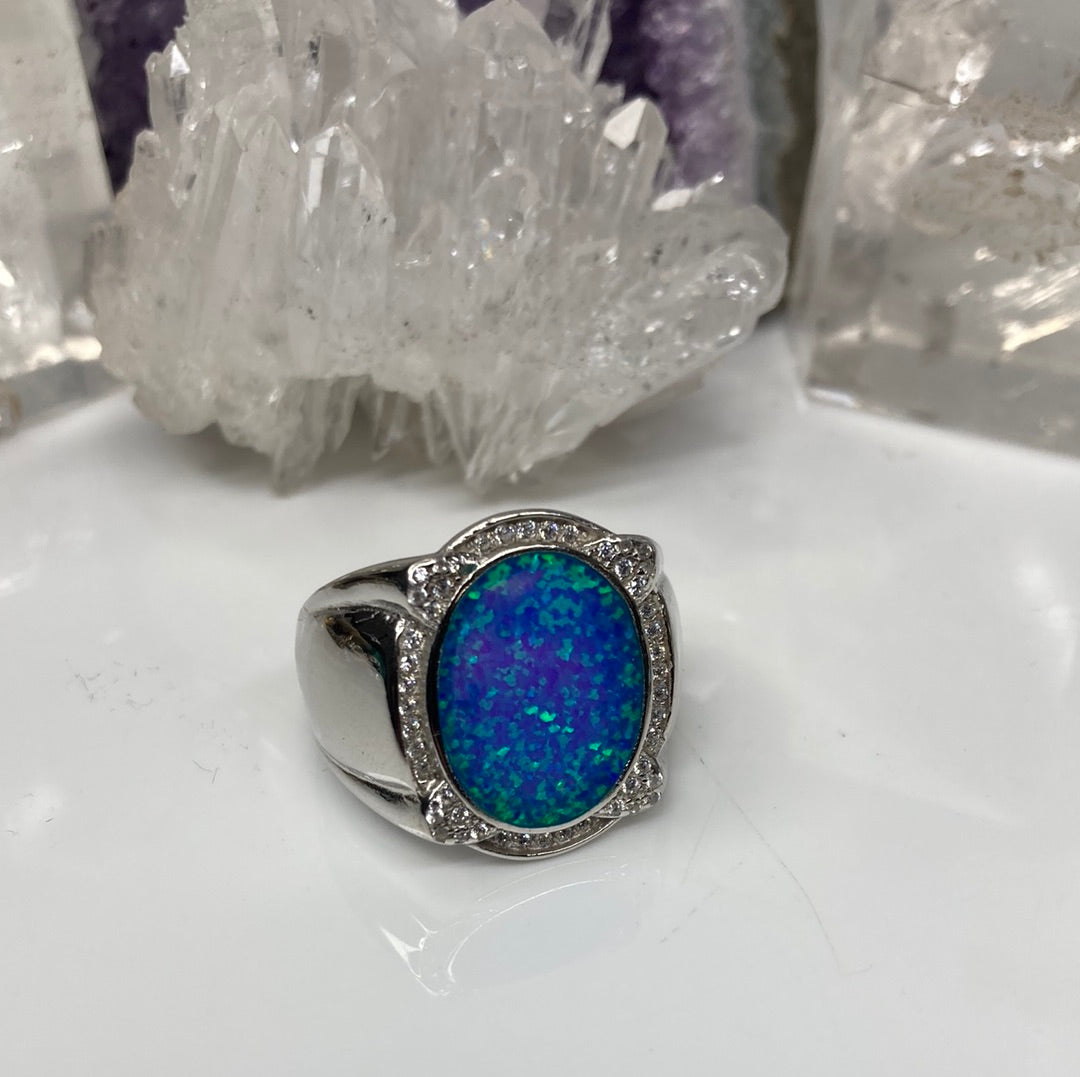 Mens sterling silver opal glass ring
