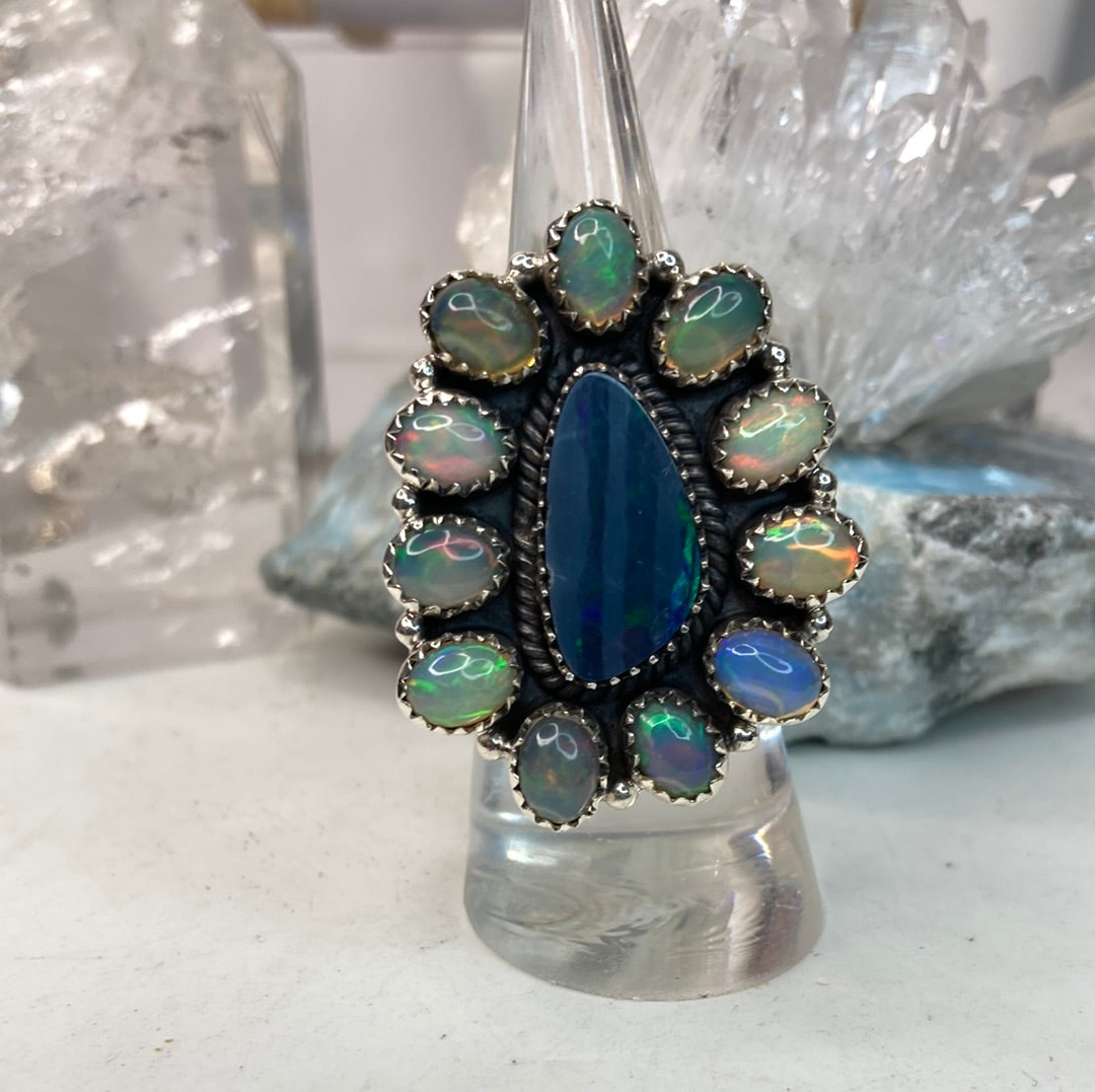 Sterling silver large opal cluster ring