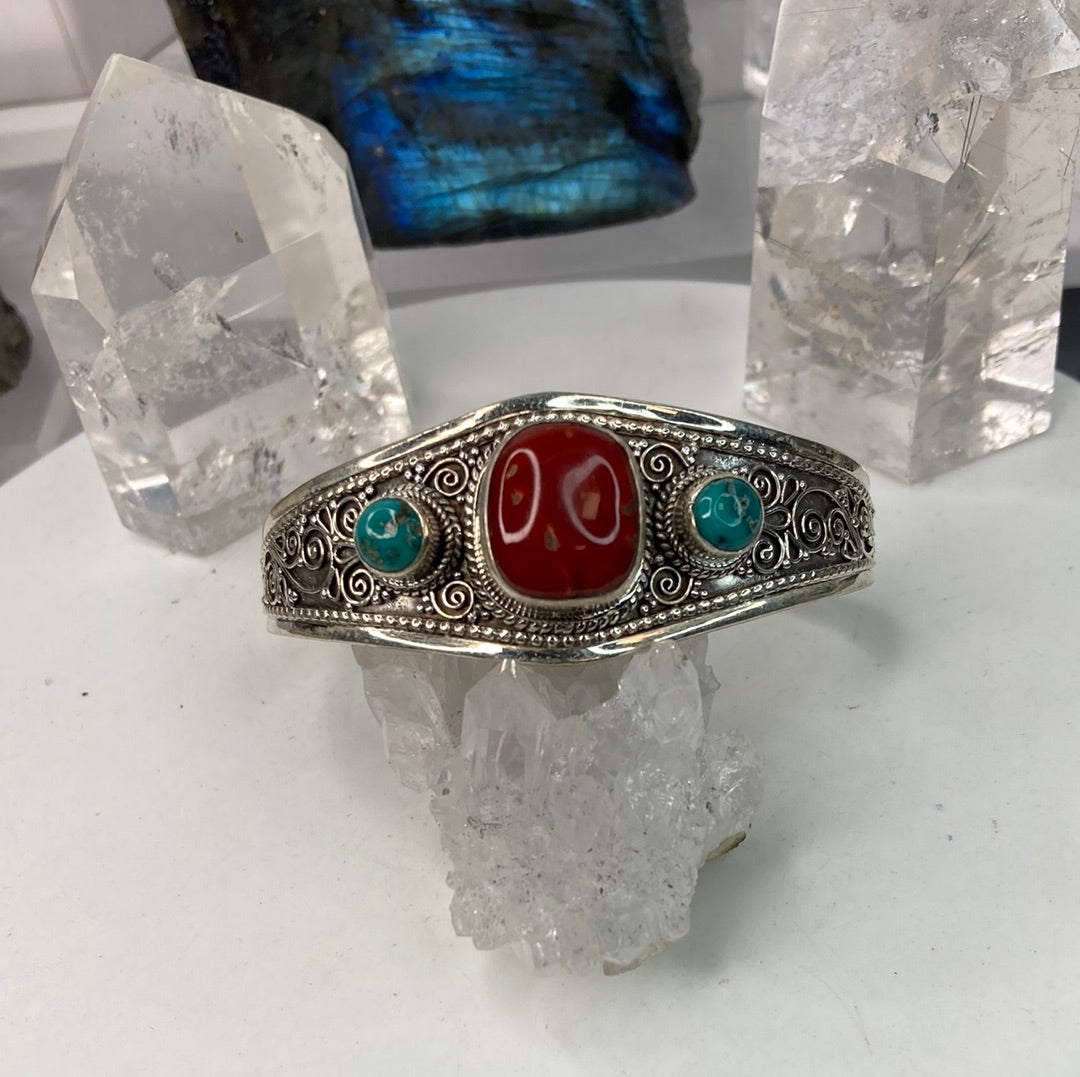 Sterling silver coral turquoise cuff bracelet