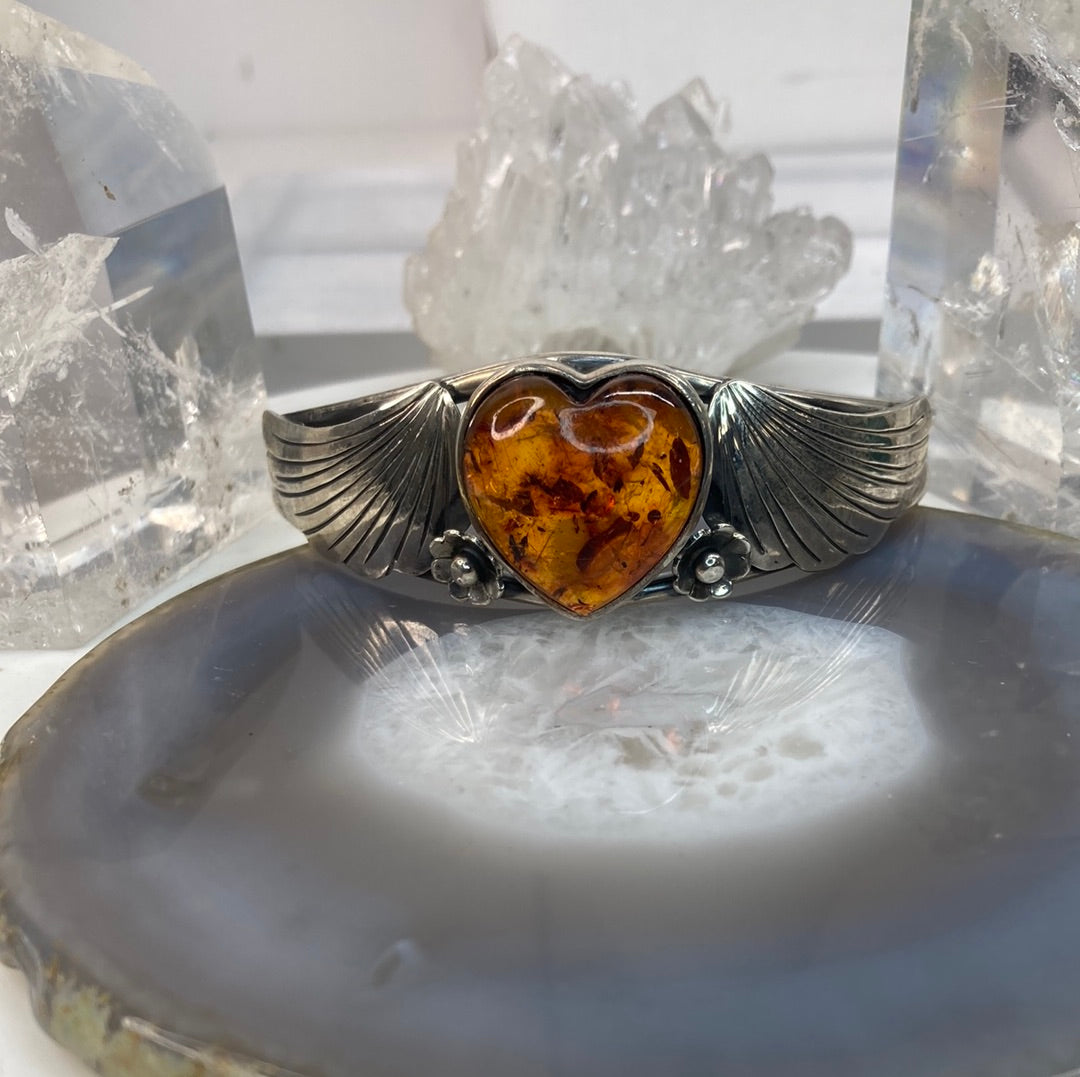 Sterling silver amber heart cuff bracelet