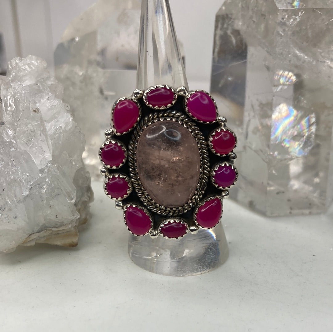 Sterling silver pink quartz cluster ring