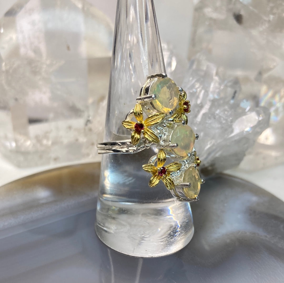 Sterling silver opal pink sapphire flower ring