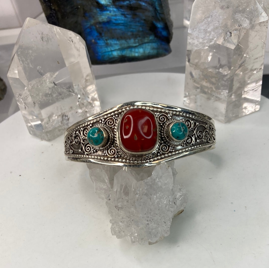 Sterling silver coral turquoise cuff bracelet