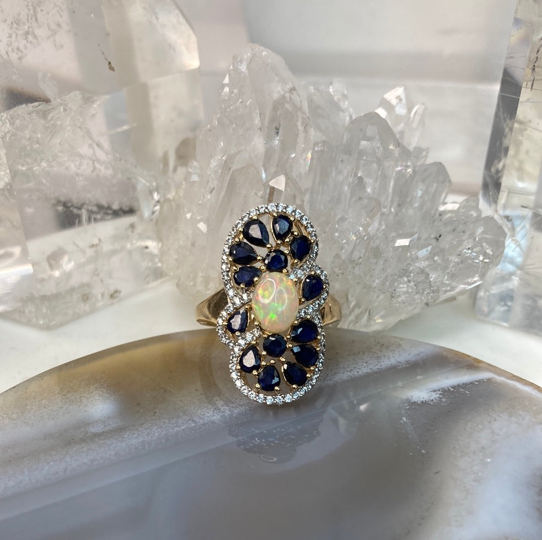 Sterling silver vermeil opal sapphire ring