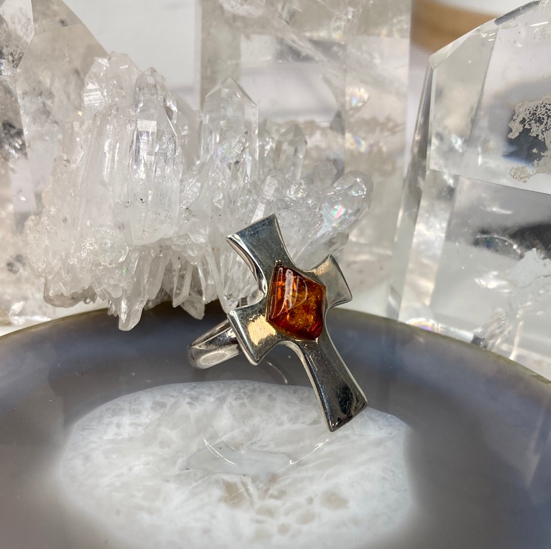 Sterling silver amber cross ring