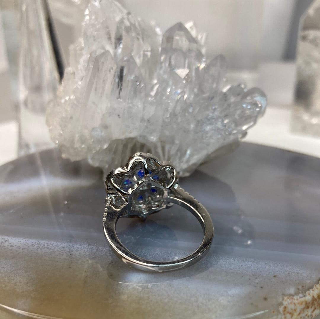 Sterling silver flower cluster opal ring