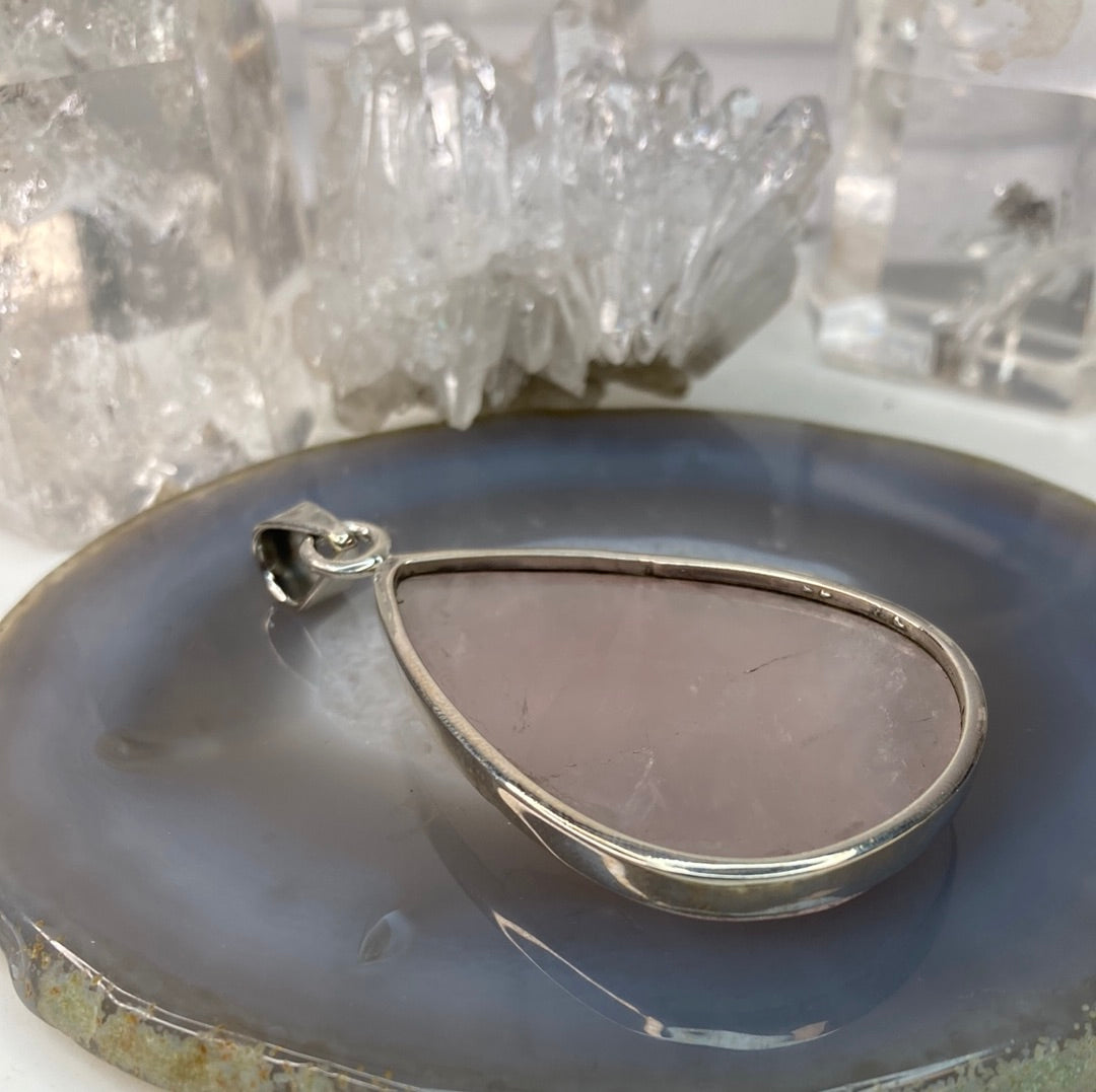 Sterling silver large pink quartz pendant