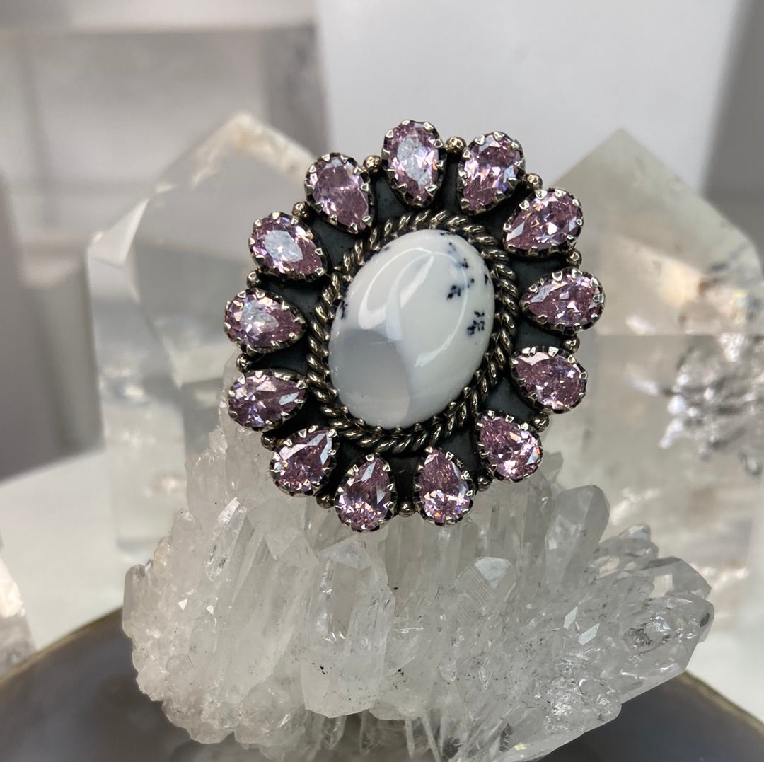 Sterling silver pink topaz dendritic opal cluster ring