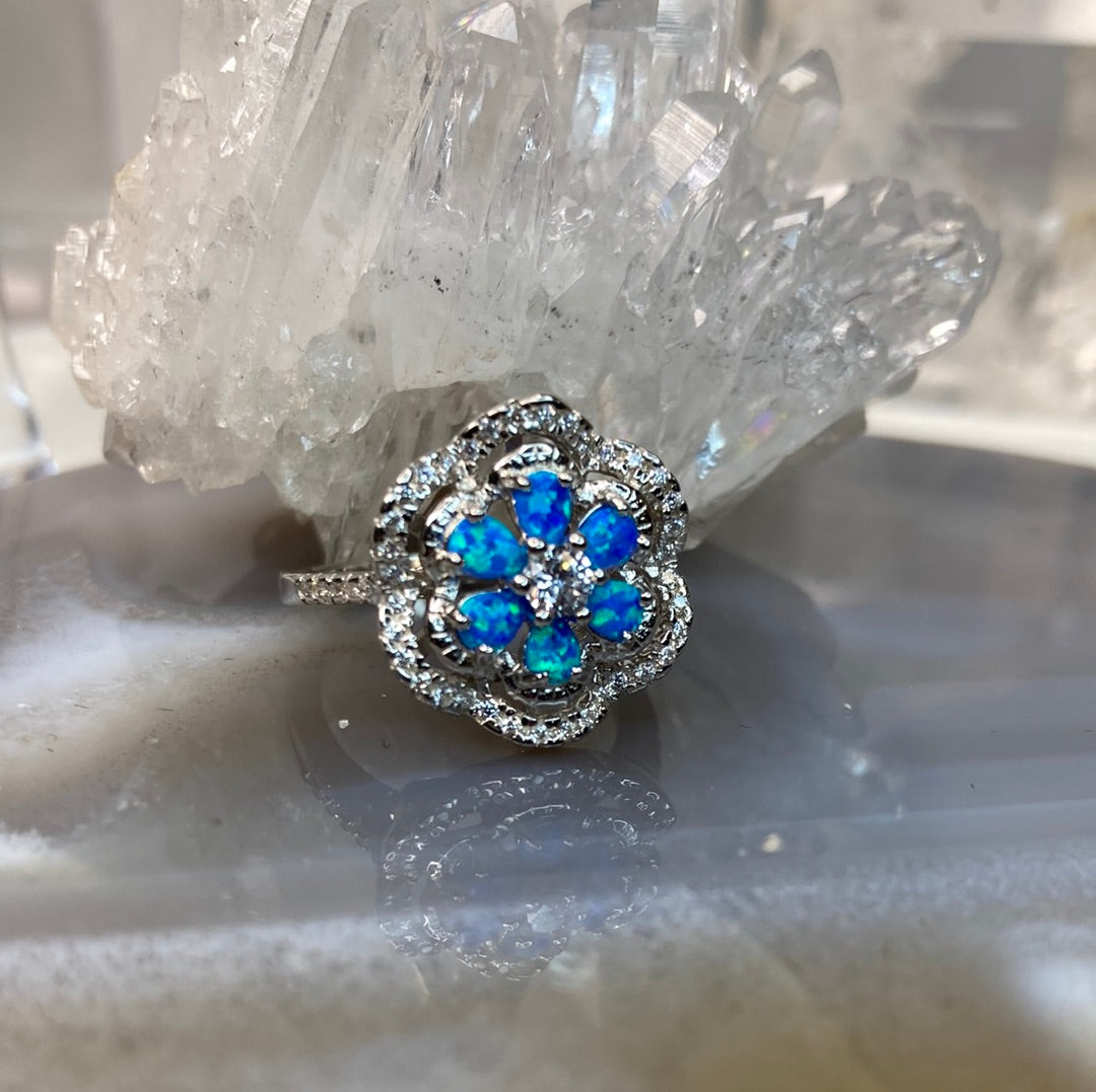 Sterling silver flower cluster opal ring