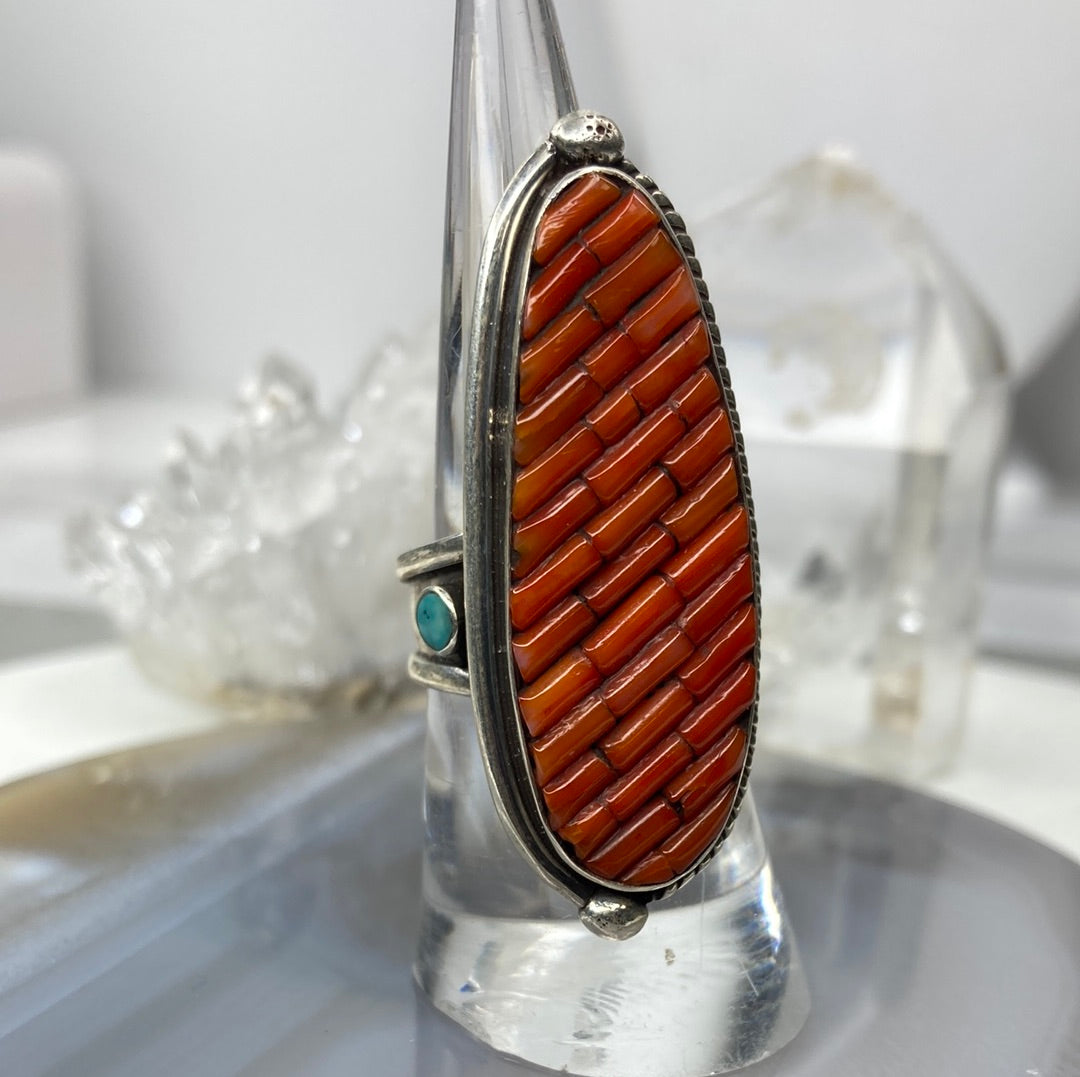 Sterling silver coral and turquoise large ring