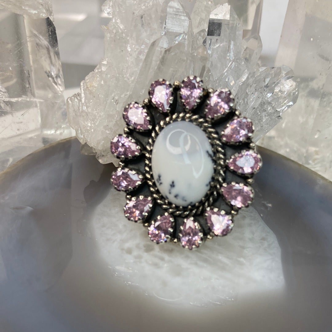 Sterling silver pink topaz dendritic opal cluster ring