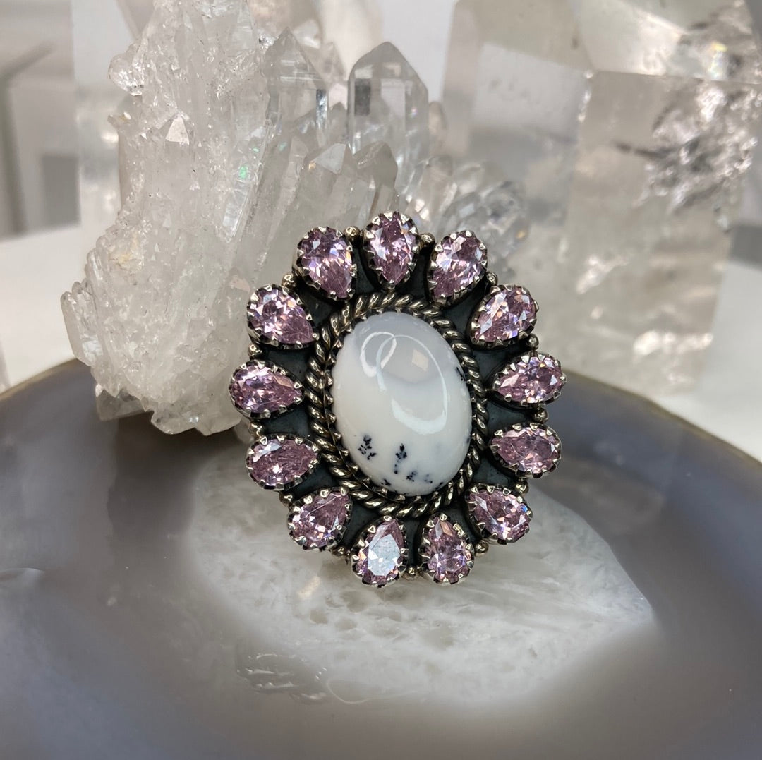 Sterling silver pink topaz dendritic opal cluster ring