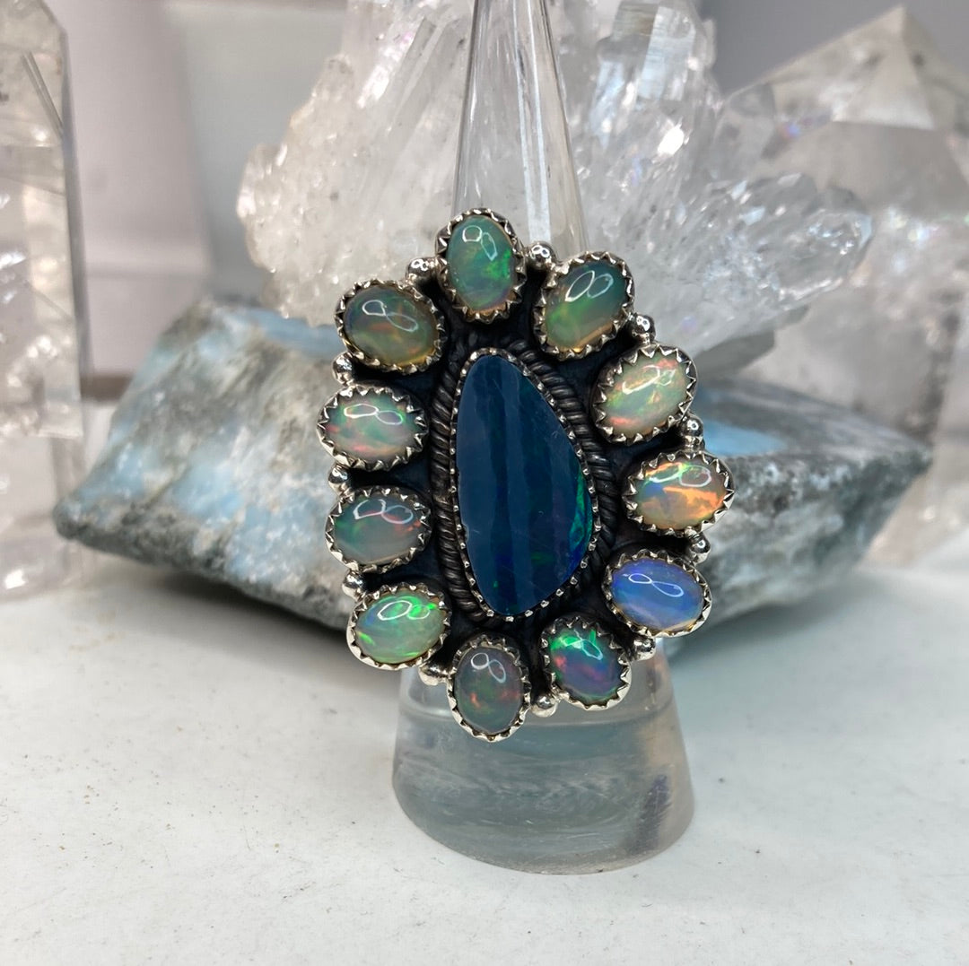 Sterling silver large opal cluster ring