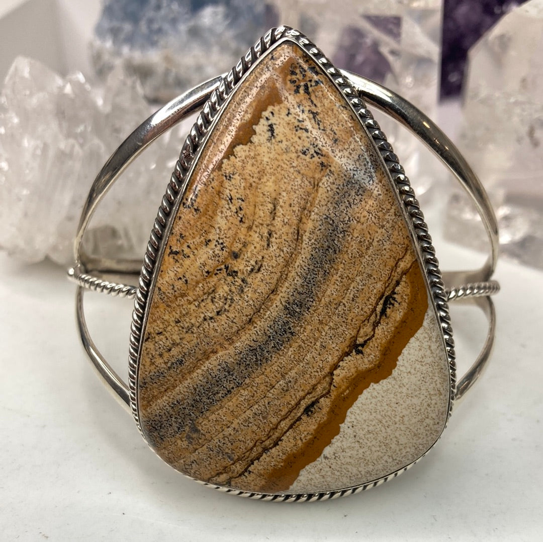 Sterling silver large picture jasper cuff bracelet
