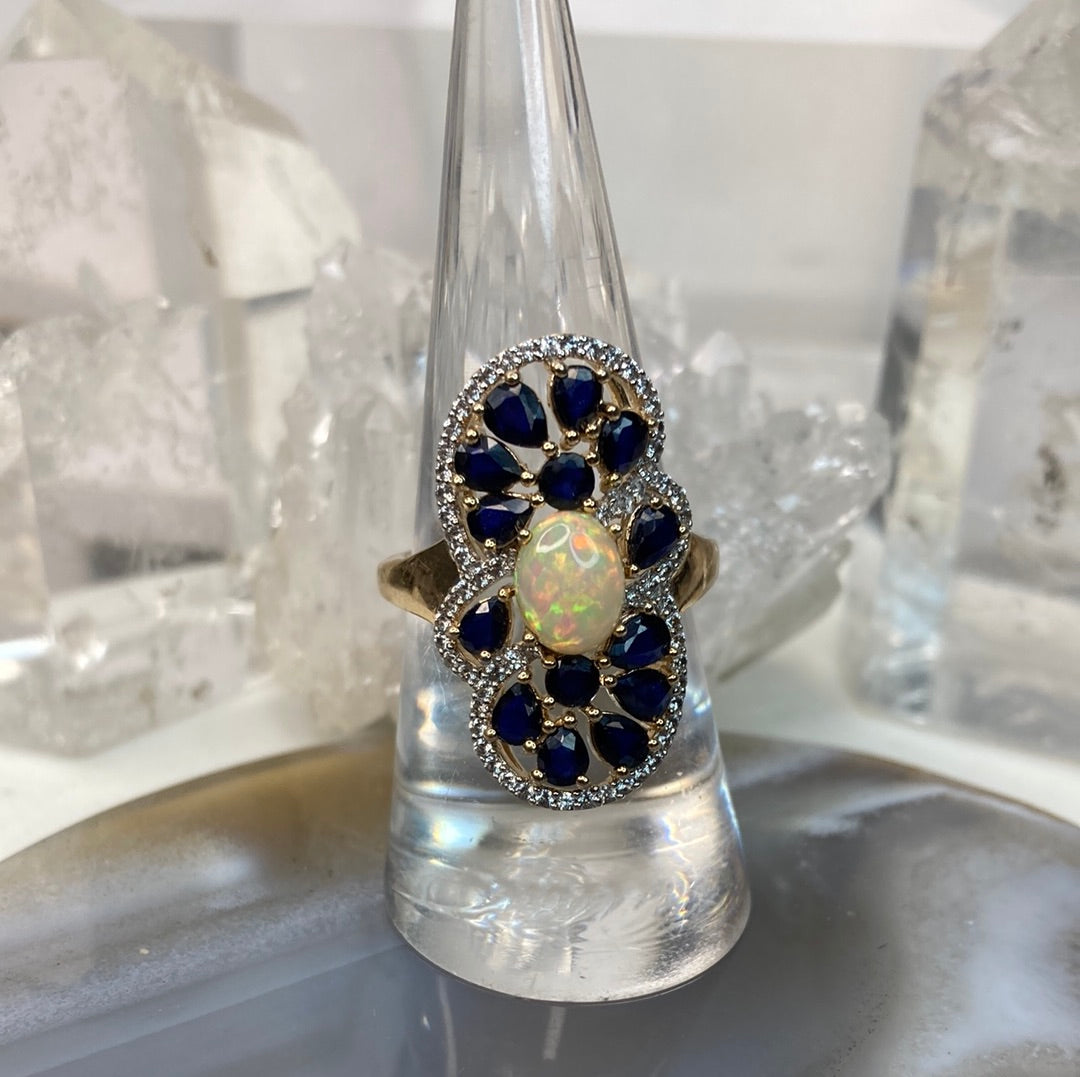 Sterling silver vermeil opal sapphire ring