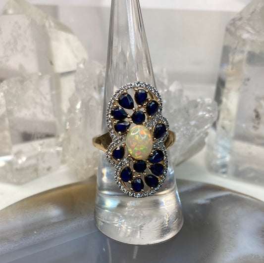 Sterling silver vermeil opal sapphire ring