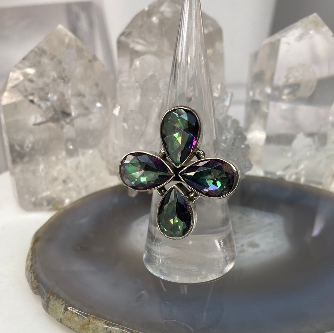 Sterling silver flower mystic quartz ring