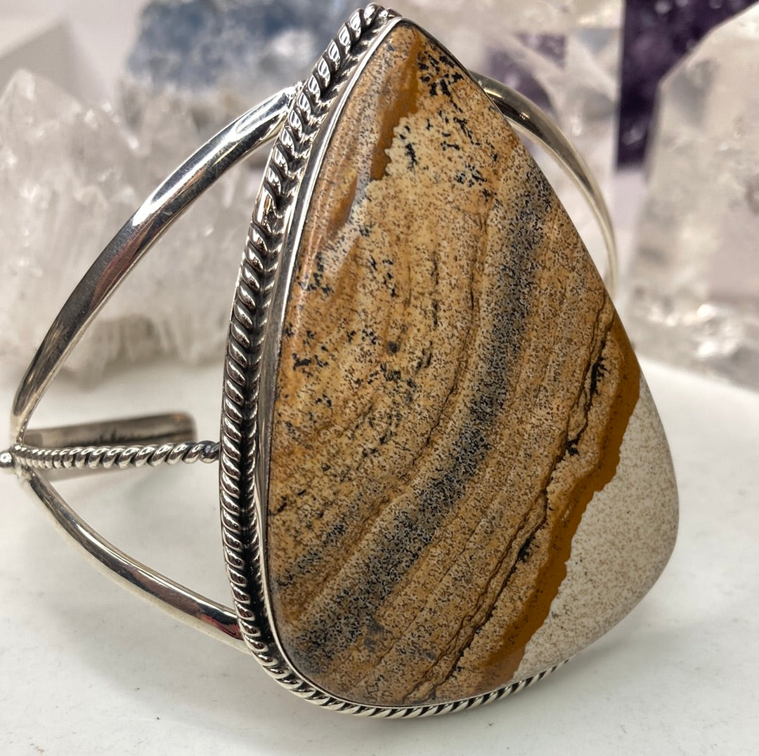 Sterling silver large picture jasper cuff bracelet