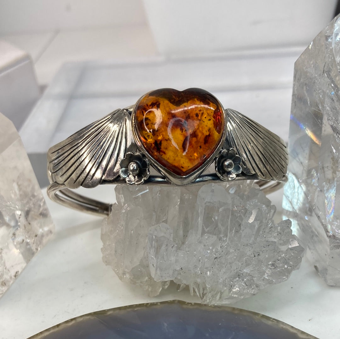 Sterling silver amber heart cuff bracelet