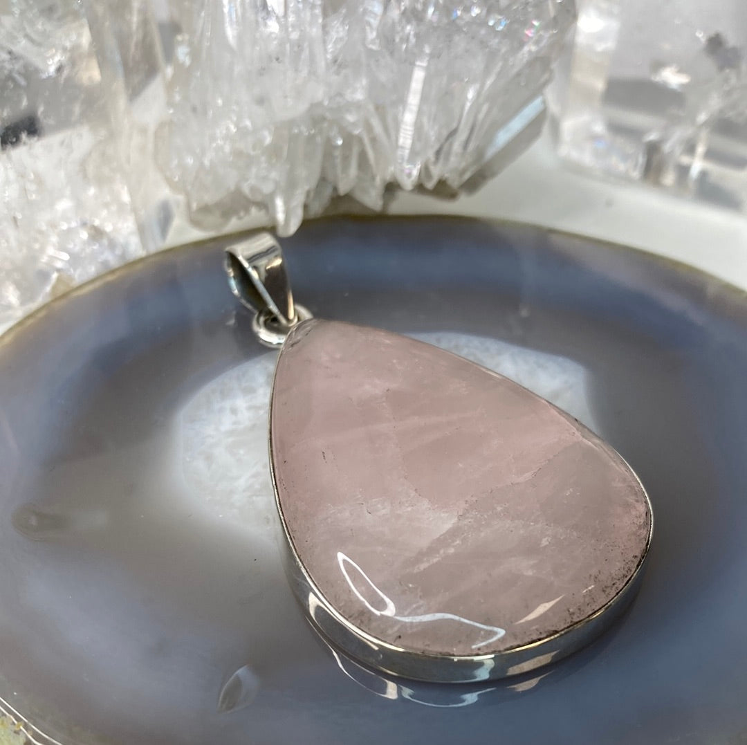 Sterling silver large pink quartz pendant