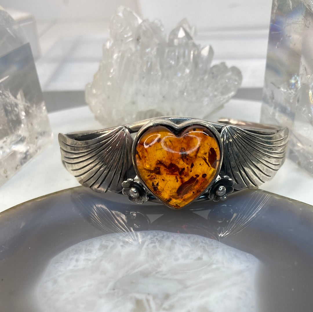 Sterling silver amber heart cuff bracelet
