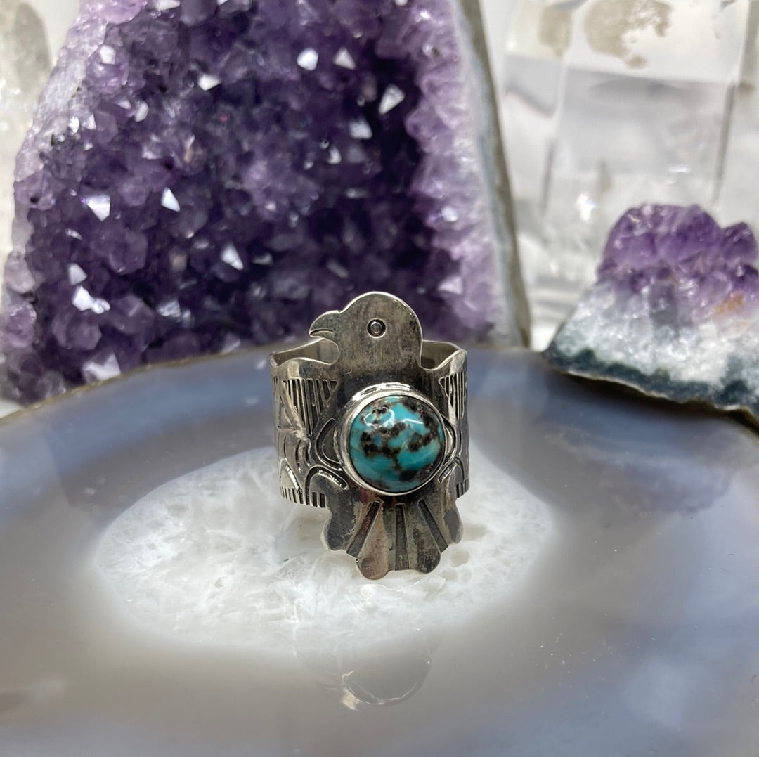 Sterling silver thunderbird turquoise ring