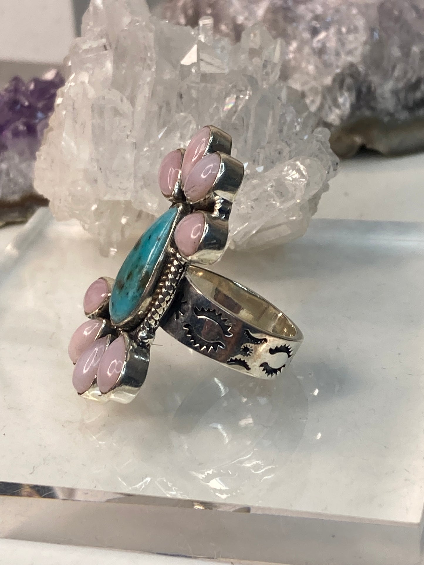 Sterling silver turquoise pink opal ring