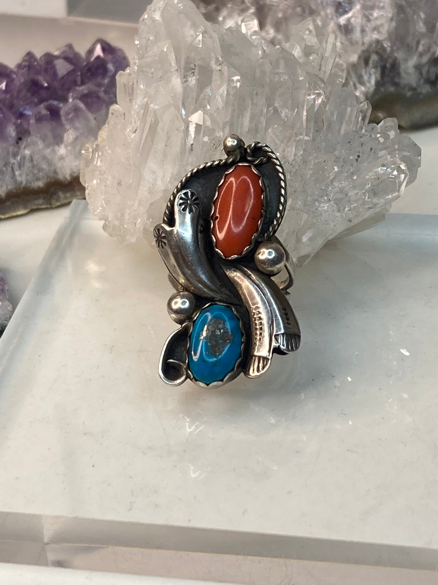 Vintage sterling silver coral and turquoise ring