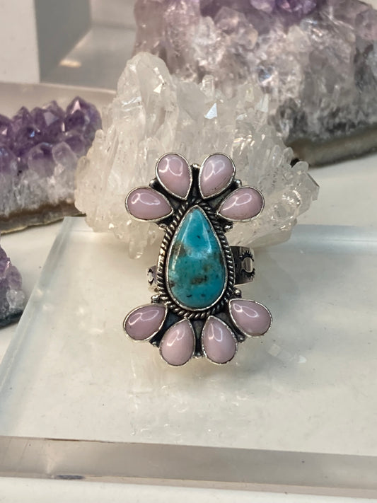 Sterling silver turquoise pink opal ring
