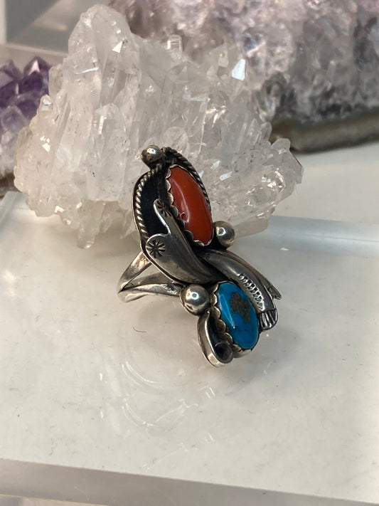 Vintage sterling silver coral and turquoise ring