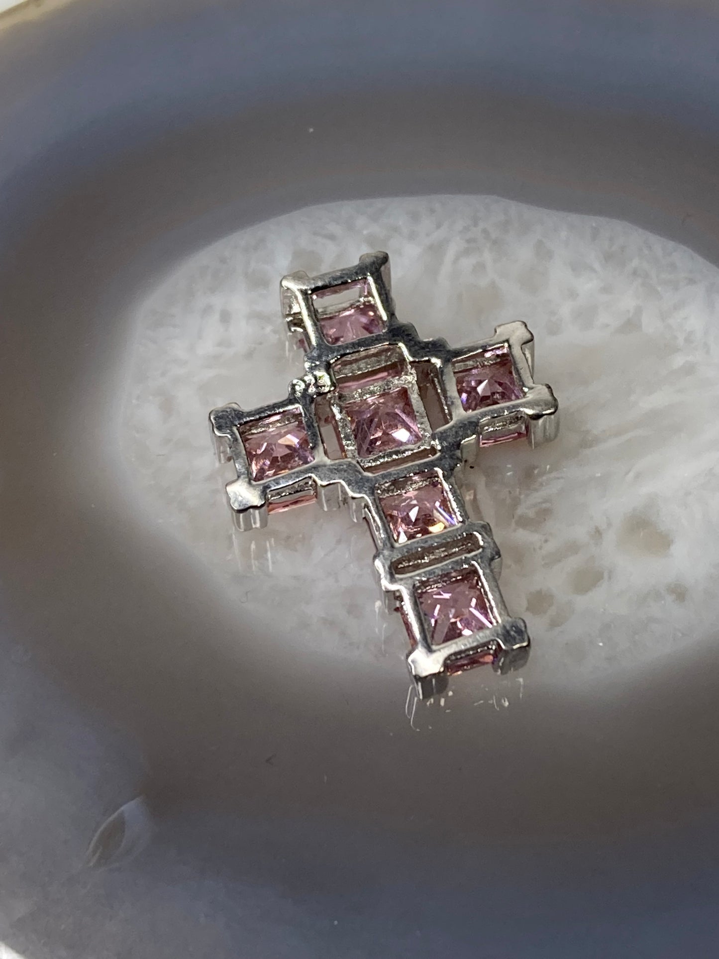 Sterling silver pink quartz gemstone cross pendant