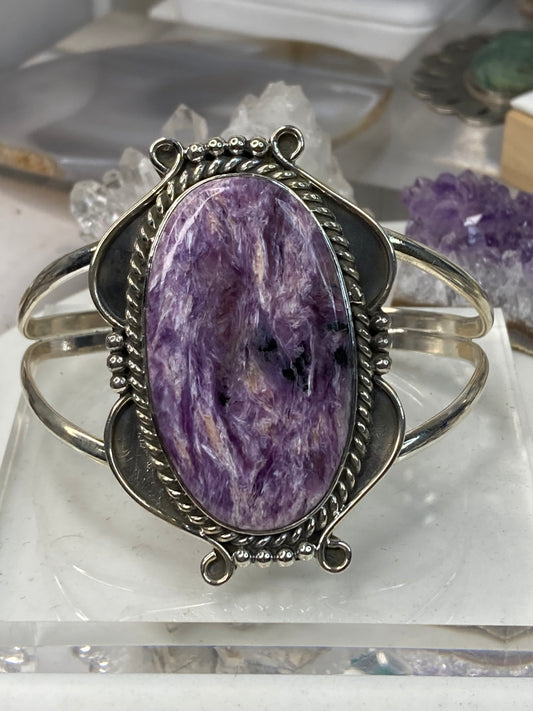 Sterling silver purple charoite southwestern cuff bracelet