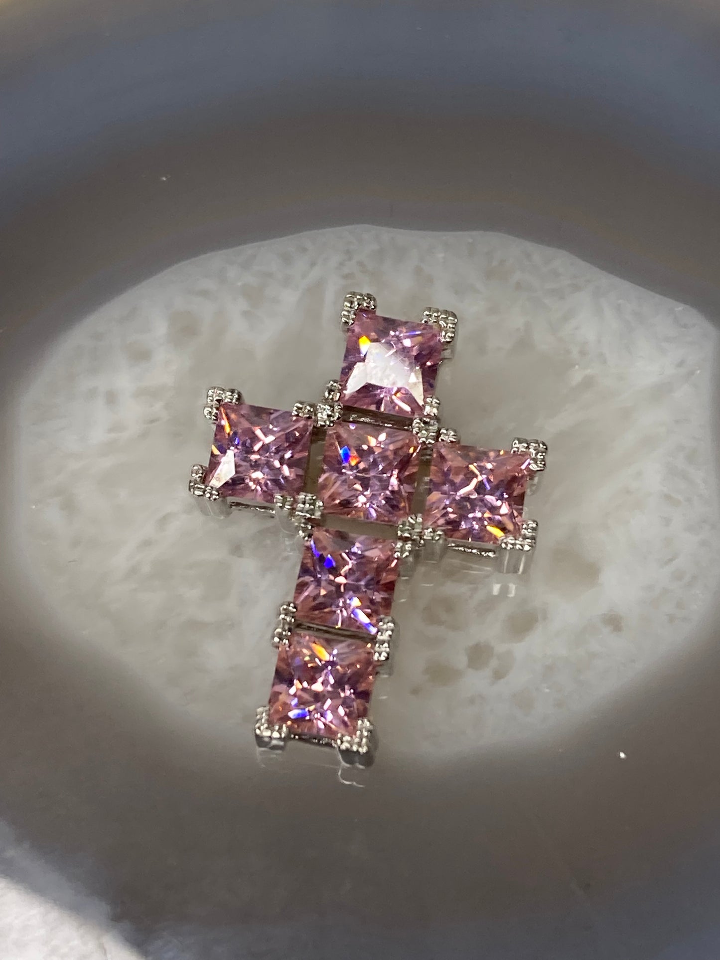 Sterling silver pink quartz gemstone cross pendant