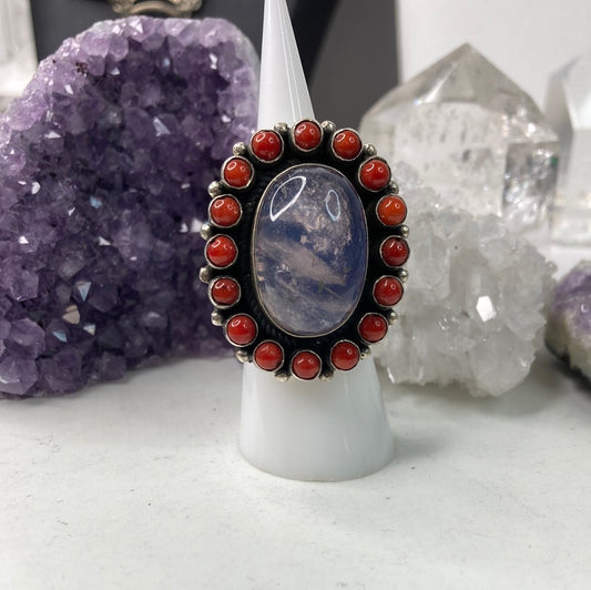 Sterling silver moonstone and coral ring