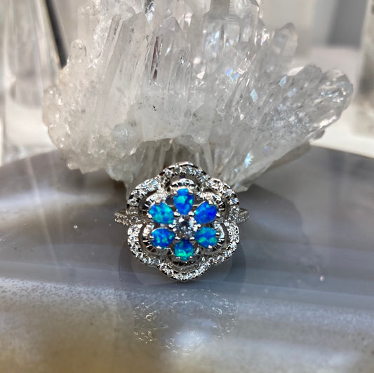 Sterling silver flower cluster opal ring