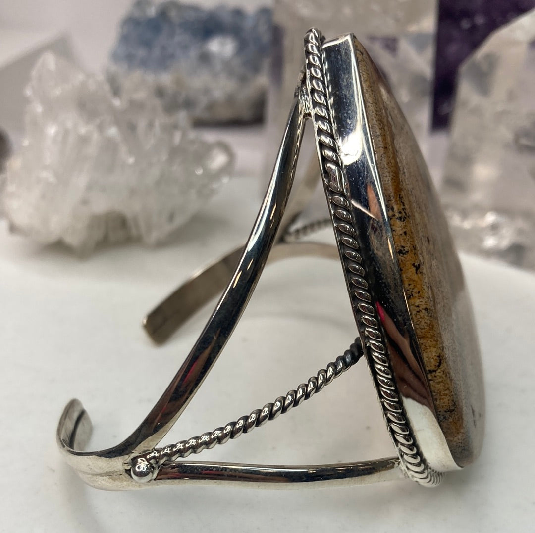 Sterling silver large picture jasper cuff bracelet