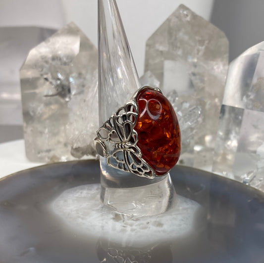 Sterling silver amber butterfly ring