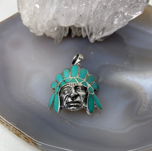 Sterling silver Indian head turquoise inlay pendant